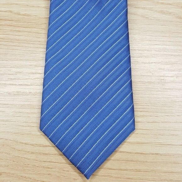 ALFANI Mens Neck Tie Tan Blue Stripe Classic Pointed - Picture 1 of 5